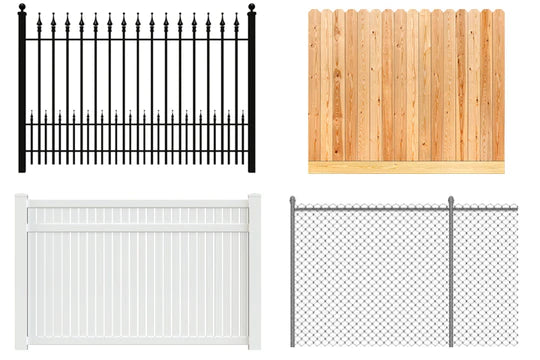 A variety of different fence types, with a few in focus in the foreground