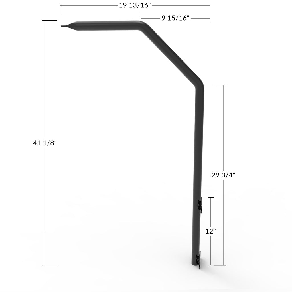 Dimensional diagram for Dog Proofer&#39;s curved dog arm fence extension.