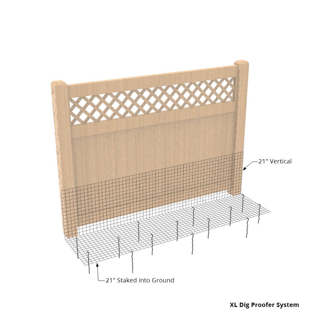 Dog Proofer&#39;s extra-large solution for stopping dogs from digging under fencing, shown in use.